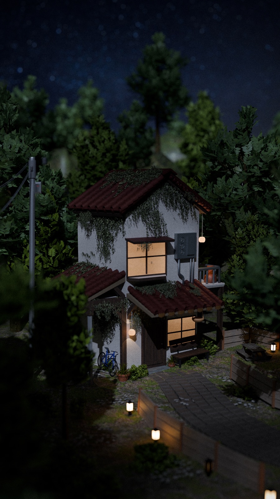 Dream — a forest house glowing at night, rendered in Blender
